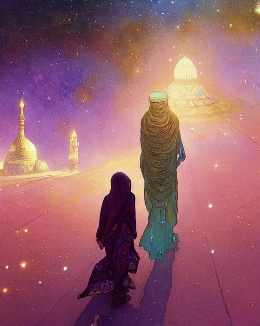 Image similar to bedouin in galaxy walking towards mosque surrounded by nebula, highly detailed, gold filigree, romantic storybook fantasy, soft cinematic lighting, award, disney concept art watercolor illustration by mandy jurgens and alphonse mucha and alena aenami, pastel color palette, featured on artstation