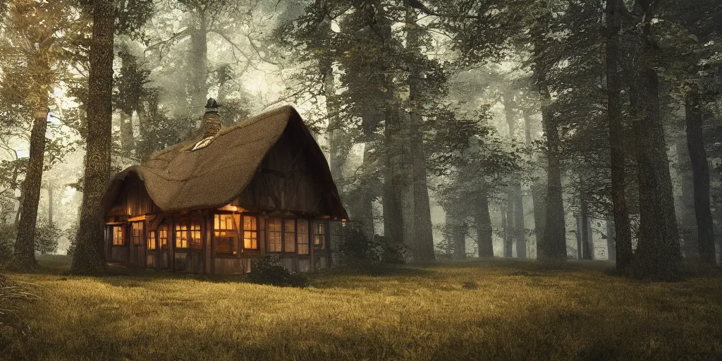 Prompt: a single cottage with a thached roof in the woods and empty woods, 8k, fantasy, realistic, dramatic lighting, cinematic