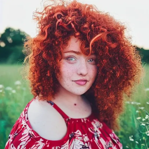 Prompt: DSLR photography medium closeup of a gorgeous red haired woman with big curly hair and freckles, curvy figure wearing dress with flower print, trending on instagram, golden hour, warm lightroom preset