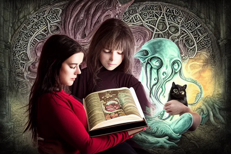 Image similar to romantic photo of bright girl, her cat and her book of necronomicon, symmetrical, cinematic, real dlsr photography, sharp focus, 4 k, ultra hd, sense of awe, sinister demonic atmosphere, dreadful, forbidden knowledge, old gods, cthulhu, yog - sothoth! yah, yah, yah! cultist journal cover