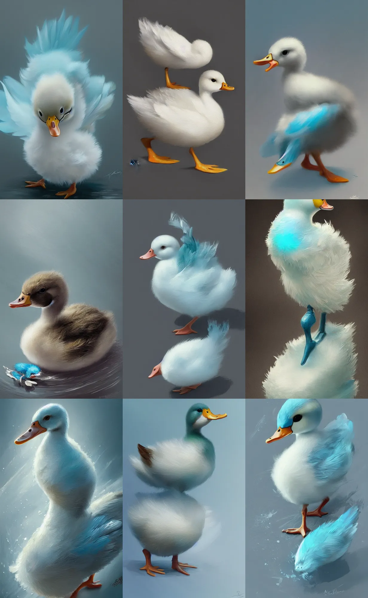 Prompt: duckling with white and cyan plumage, full shot, intricate, elegant, highly detailed, digital painting, artstation, concept art, sharp focus, illustration, aleksi briclot, rutkowski