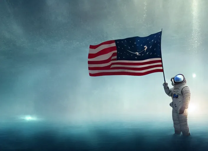 Image similar to astronaut holding a flag in an underwater desert. a submarine is visible in the distance. dark, concept art, cinematic, dramatic, atmospheric, 8 k, trending on artstation, blue, fish, low visibility, light rays, extremely coherent, bubbles, fog, ocean floor, christopher nolan, interstellar