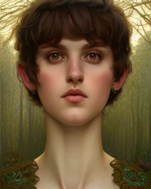 Image similar to symmetry portrait of welsh brunette student in mans tunic, tomboy, short hair, forest, intricate, elegant, highly detailed, digital painting, artstation, concept art, smooth, sharp focus, illustration, art by artgerm and greg rutkowski and fra angelico and alphons mucha