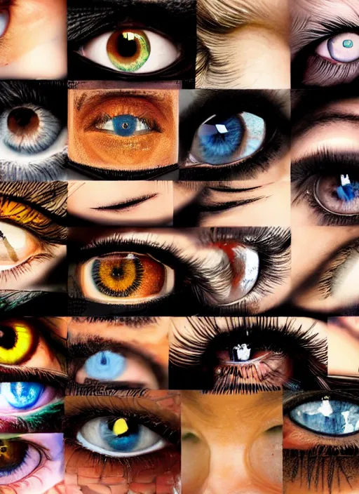 Prompt: grid montage of eyes, stunning detailed colored textures, eyelashes, advanced art, art styles mix, from wikipedia, wet reflections in eyes, sunshine light, hd macro photograph, from side, various eyelid positions, spherical black pupil centered