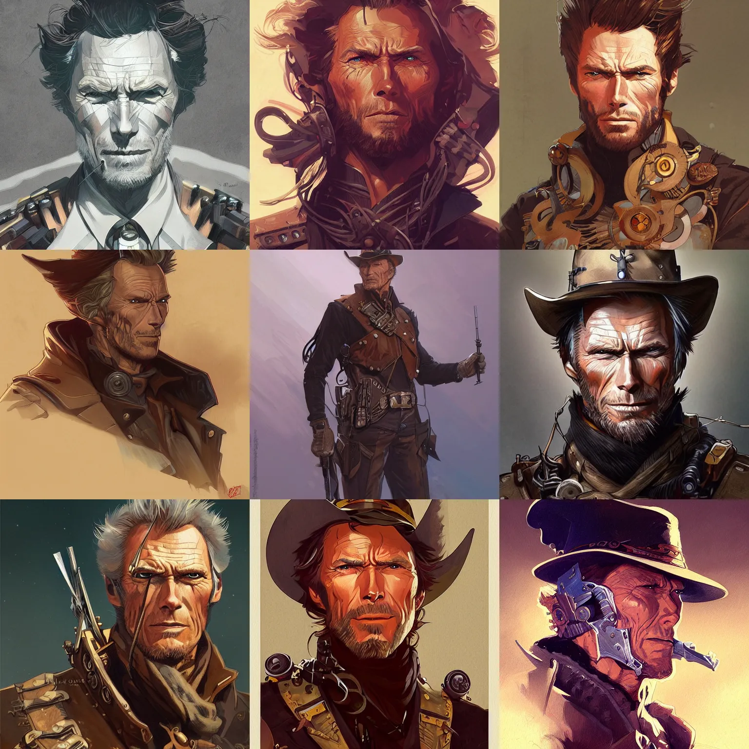 Prompt: portrait of clint eastwood steampunk half - cyborg cowboy, pelt coats, high fantasy, dnd, smooth, sharp focus, illustration, highly detailed, digital painting, artstation, concept art, by rossdraws, alphonse mucha, frank fanzzeta, collectible card art