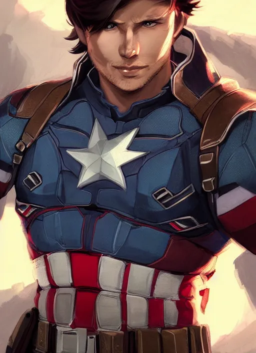 Image similar to an anime portrait of jensen ackles as a beautiful man wearing a captain america costume from skyrim, by stanley artgerm lau, wlop, rossdraws, james jean, andrei riabovitchev, marc simonetti, and sakimichan, trending on artstation