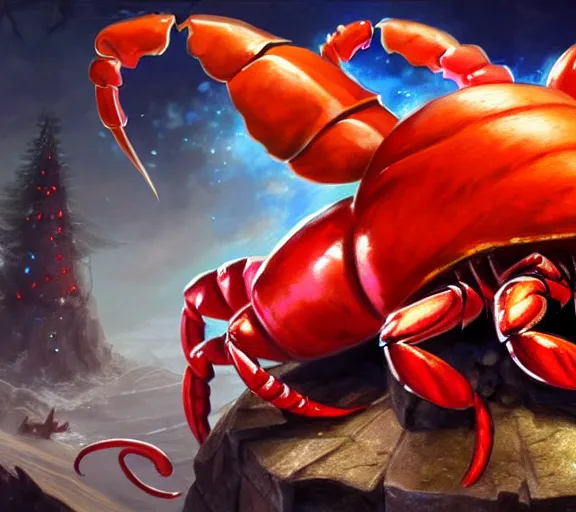 Image similar to magic : the gathering fantasy character concept art of anthropomorphic lobster wearing a christmas hat, by franz frazetta and marco bucci, high resolution. a clear portrait of powerful lobster impersonating santa, magical christmas wonderland in background, fantasy coloring, intricate, digital painting, artstation, smooth, sharp focus