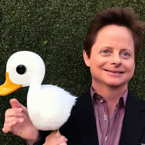 Image similar to michael j fox, holding a white duck