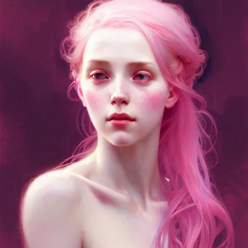 Prompt: Portrait of a pale girl with pink hair, glowing skin, fantasy, intricate, elegant, highly detailed, digital painting, artstation, concept art, smooth, sharp focus, illustration, art by Krenz Cushart and Artem Demura and alphonse mucha