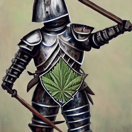 Image similar to a full armored knight praising a cannabis leaf. oil painting. 4 k.