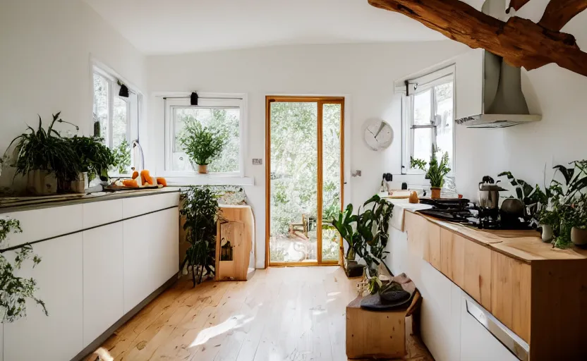 Image similar to interior of an a frame cabin kitchen with many plants, bed, white walls, wood beams, vintage orange fridge, swedish design, natural materials, minimalism, warm wood, earth colors, feng shui, rustic, white, beige, bright, plants, windows with a view of a green park, modernist, 8 k