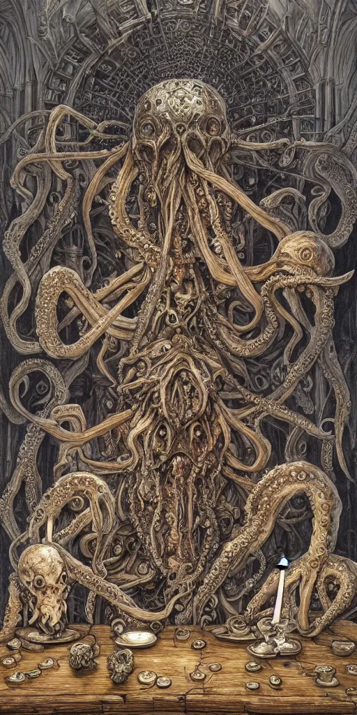 Image similar to mages with human bodies and magical armour with octopus heads sitting near the table in an ancient mage castle with enormous scale, gothic and baroque, brutalist architecture, ultradetailed, Intricate by John Howe and Josan Gonzalez and Giuseppe Arcimboldo