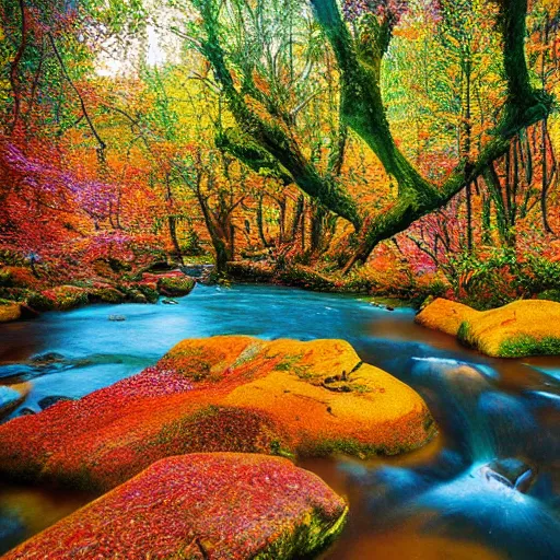 Prompt: A magical forest with a colorful river in the middle