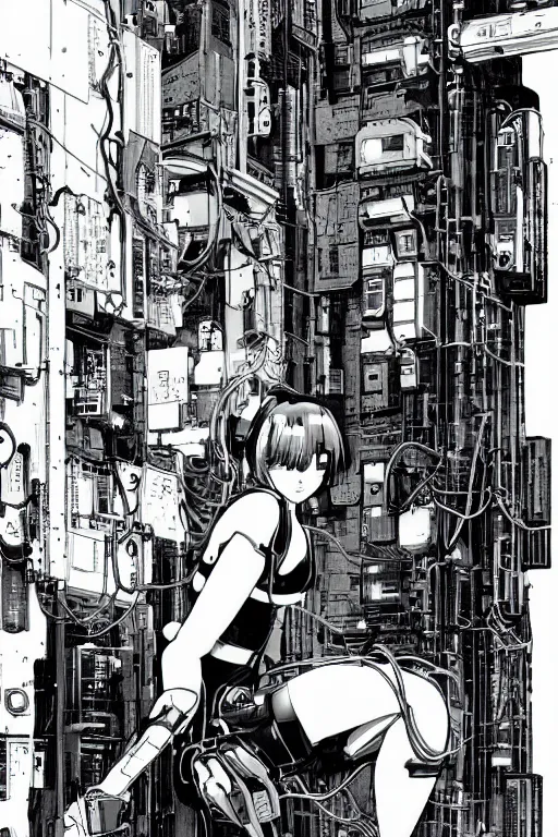 Image similar to awe inspiring cyberpunk anime style illustration of a. female android seated on the floor in a tech labor, seen from the side with her back open showing a cables and wires coming out, by masamune shirow and katsuhiro otomo, japan, 1980s, dark