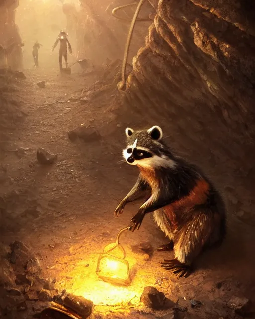 Prompt: oil painting of poor anthropomorphized raccoon mining gold, close shot, full body, dark steampunk mine shaft background, sharp focus, fantasy style, octane render, volumetric lighting, 8k high definition, by greg rutkowski, highly detailed, trending on art Station, dungeons and dragons artwork, centered