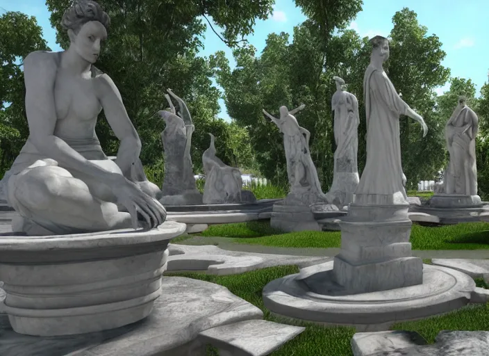 Prompt: a park with many marble statues, unreal engine,