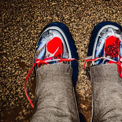 Image similar to ultra detailed photo, man wearing shoes made out of fish