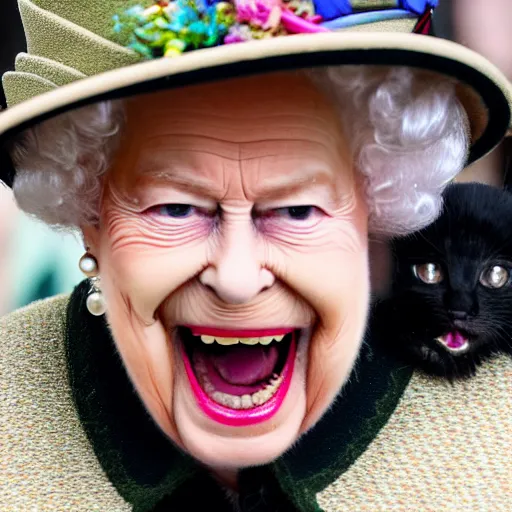 Image similar to queen elizabeth ii screaming at a kitten, canon eos r 3, f / 1. 4, iso 2 0 0, 1 / 1 6 0 s, 8 k, raw, unedited, symmetrical balance, wide angle