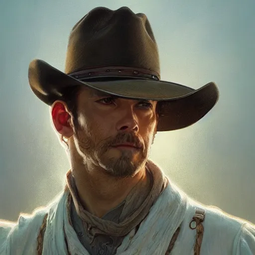 Image similar to portrait of a cowboy, elegant, intricate, headshot, D&D, fantasy, highly detailed, digital painting, artstation, concept art, sharp focus, illustration, art by artgerm and greg rutkowski and alphonse mucha