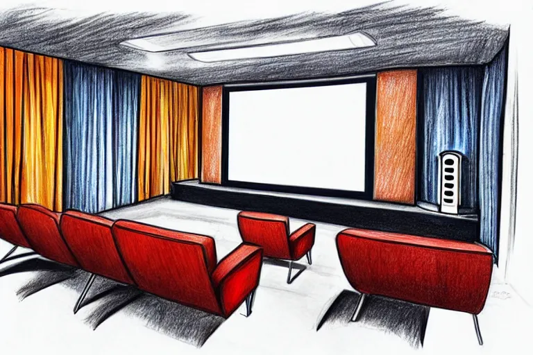 Image similar to a modern home movie theater, sleek, comfortable, stylish decor, popcorn machine, movie posters, designed by kelly wearstler, detailed rough color pencil sketch illustration