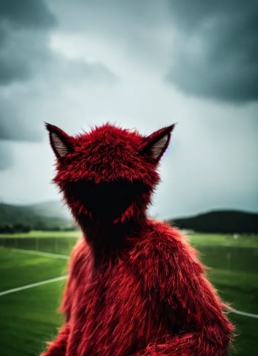 Prompt: hyperrealistic and heavy detailed glowing red eyes dark green furry monster, leica sl 5 0 mm, vivid color, high quality, high textured, real life, full body in shot, far distance, thunder storm