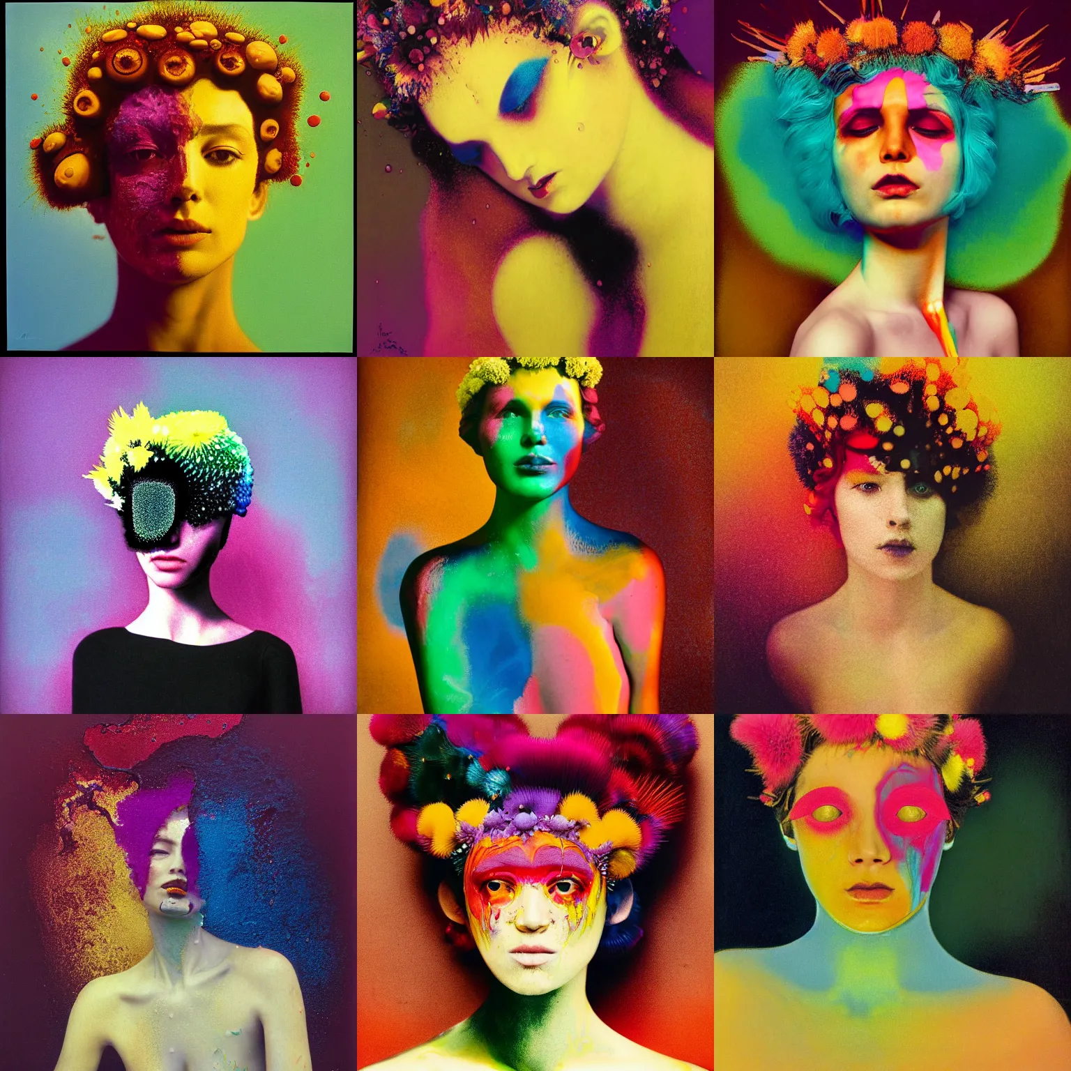 Prompt: colorful melting woman, ferrofluid, kodak portra, 8 k, face neck and shoulders, soft light, fine art portrait photography, flower crown, fashion photography, maxfield parrish, camille vivier, moebius, james jean, yoji shinkawa, odilon redon, gaston bussiere, eugene grasset, janis rozentals