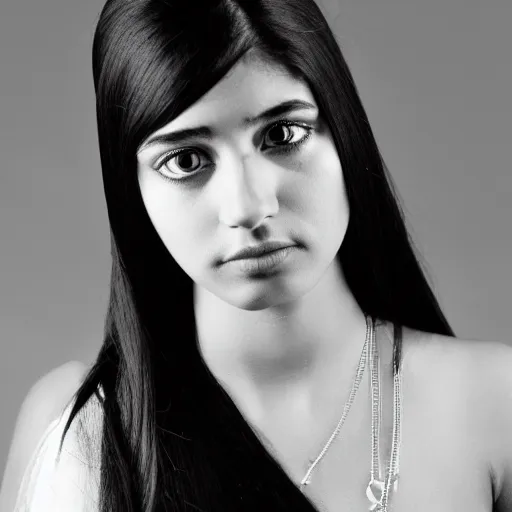 Image similar to young iraqui woman with long black straight hair, white dress