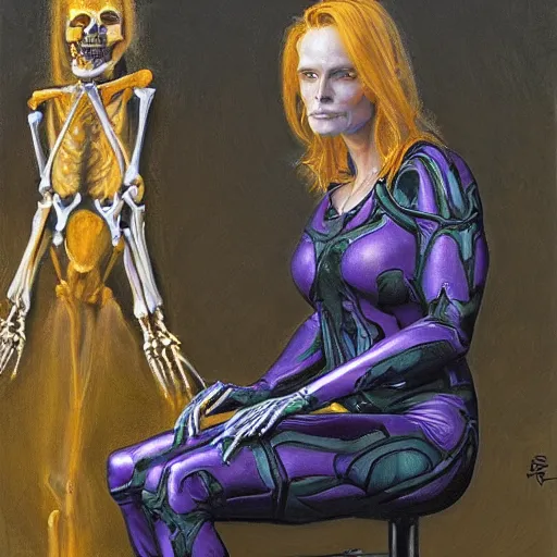 Image similar to portrait of a woman in a spandex skeleton onesie, by donato giancola.