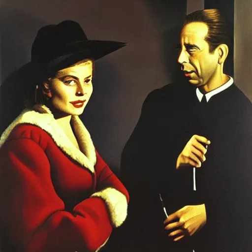 Image similar to Humphrey Bogart and Ingrid Bergman in Casablanca, painting by Vermeer