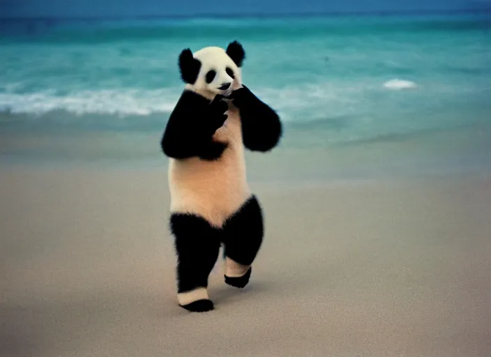 Prompt: 90's Professional Color Photography, Nikon, A panda walking on the beach at night, Summer