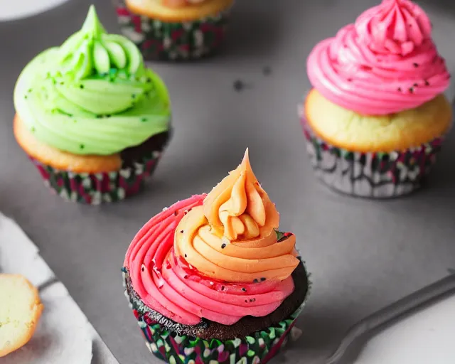 Image similar to dslr food photograph of delicious cupcakes with slices of pickle on them, 8 5 mm f 1. 4