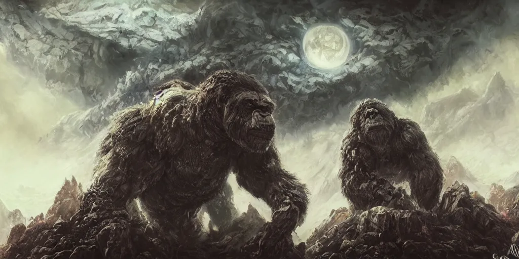 Prompt: concept art of giant gorilla, lava rocks, lovecraftian, renaissance, roaring, melting horror, round moon, rich clouds, fighting the horrors of the unknown, mirrors, very detailed, volumetric light, mist, grim, fine art, decaying, textured oil over canvas, epic fantasy art, very colorful, ornate scales, anato finnstark