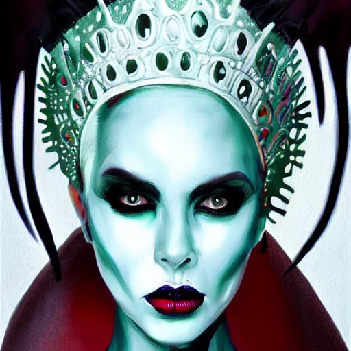 Prompt: queen vampire woman portrait made out of paint, beautiful, cyborg, tim burton comic book art