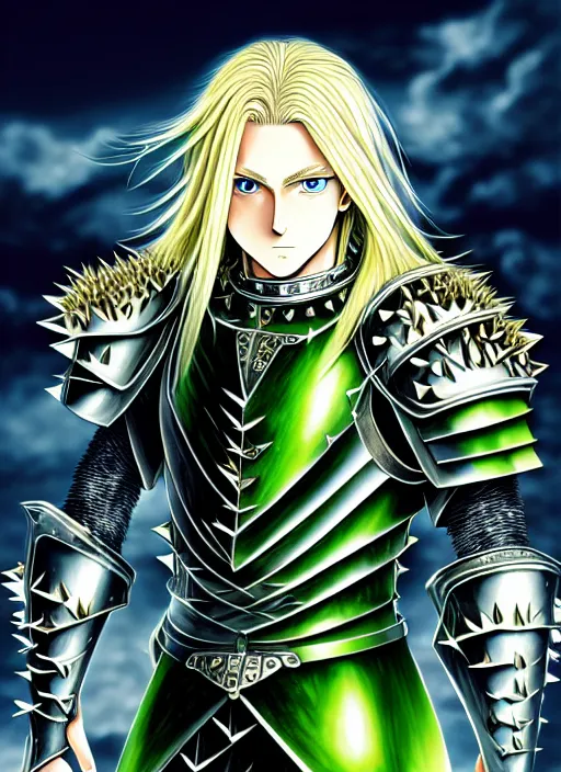 Image similar to a detailed manga full body portrait illustration of a man with long blonde hair and blue eyes wearing evil green spiked armour in a desolate place by hirohiko araki, detailed artwork, realism, 4 k resolution, detailed, high quality, sharp focus, hq artwork, insane detail, volumetric lighting, character concept art, fine details, clear subject, central subject