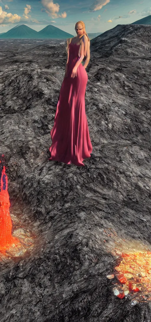 Image similar to a beautiful hyperrealistic ultradetailed 3D render ,one girl in a magnificent dress stands near a volcano, voge photo, fashion style, Annie Leibovitz photostyle, afar, fullbody, in full growth, photorealistic, high resolution, trending on artstation, highly detailed, volumetric lighting, octane render, wide angle,artstation, concept art, master illustration, elegant, details, good clear quality, volumetric lighting,