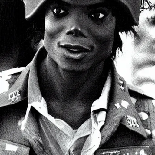 Prompt: “Michael Jackson as a soldier in Vietnam, award winning historical photograph”