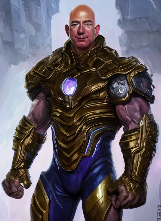 Image similar to jeff bezos is a muscular bodybuilder and is wearing thanos armor, au naturel, hyper detailed, digital art, trending in artstation, cinematic lighting, studio quality, smooth render, unreal engine 5 rendered, octane rendered, art style by klimt and nixeu and ian sprigger and wlop and krenz cushart.