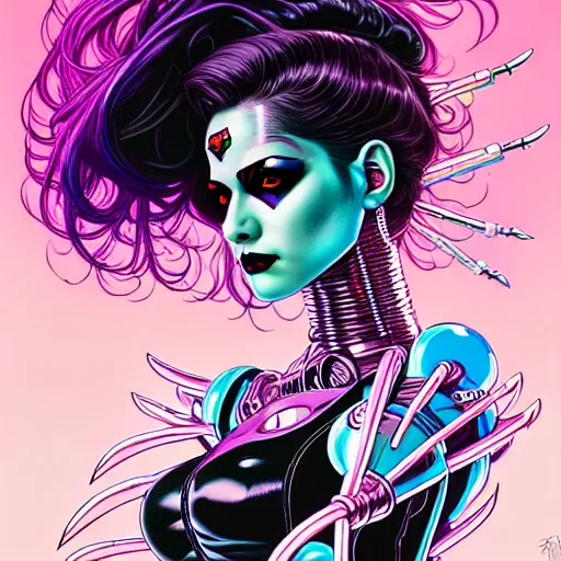 Image similar to portrait painting of a punk cybernetic fairy with beautiful black hair and eyes, sharp focus, award - winning, trending on artstation, masterpiece, highly detailed, intricate. art by josan gonzales and moebius and deathburger