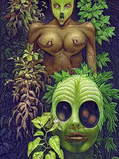 Image similar to The Hanging-Gardens of Pareidolia, ivy, verbena and pothos growing facial features and optical-illusions!!!!!, aesthetic!!!, by Gerald Brom in the style of Johfra Bosschart in the style of,