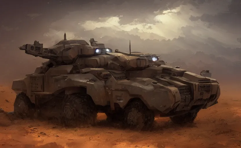 Image similar to an image of an armored vehicle in the night desert with blue headlights on by paul chadeisson, greg rutkowski, atmospherical, stormy weather, concept art, high detail, intimidating, cinematic, artstation trending, octane render