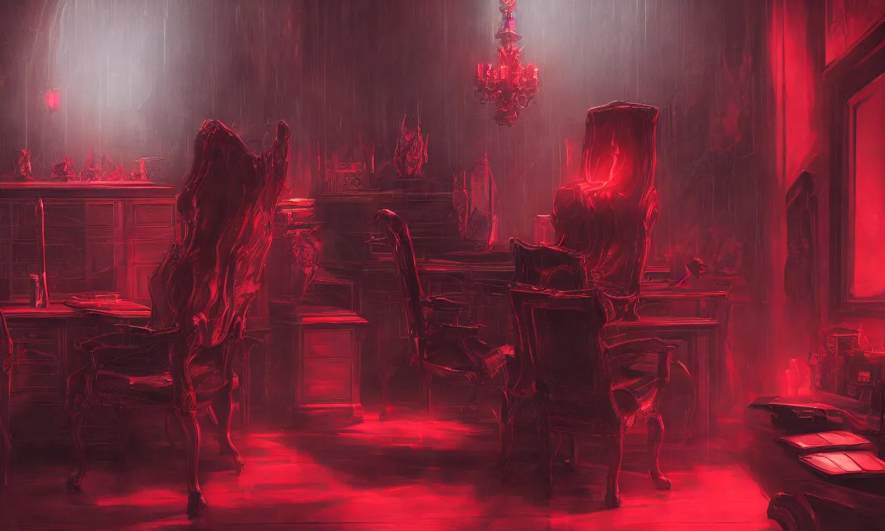 Prompt: demonic executive office with high back chair with onyx finishes, by asher brown durand, trending on artstation, 8 k resolution, red lights, cyberpunk, demonic symbols