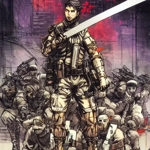 Image similar to hero sitting on a chair holding a sword on his back, looking at a army in the background illustrated by yoji shinkawa, pencil art, extra detail, dynamic, colored, blood, metal swords