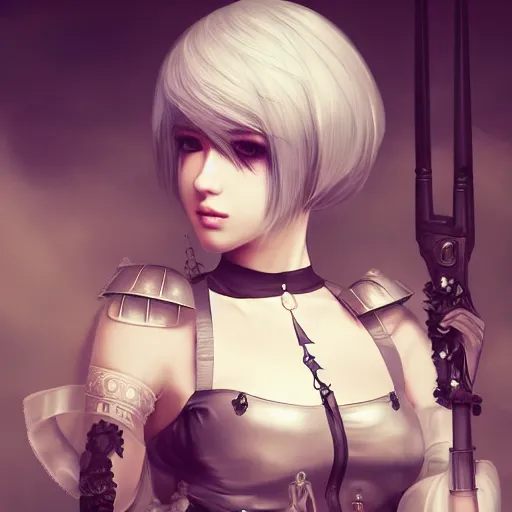 Prompt: 2B, android, nier automata, elaborate emotive Baroque and Rococo styles to emphasize beauty as a transcendental, 8k image, ultra-realistic, the style of WLOP