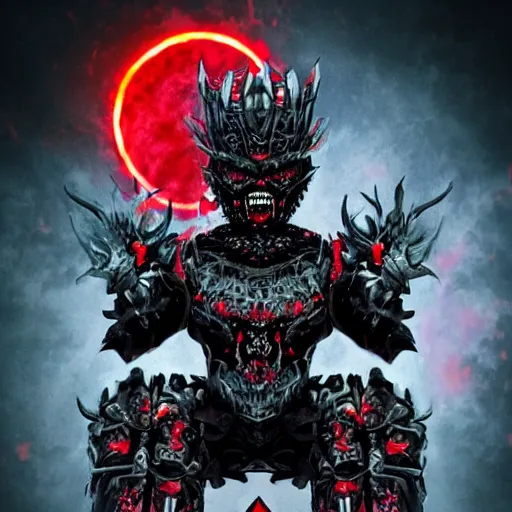 Image similar to a dark matter angry portrait demon in iron armor with diamonds sits on the black throne of death and looks with red eyes into the darkness against the background of a bright red sun