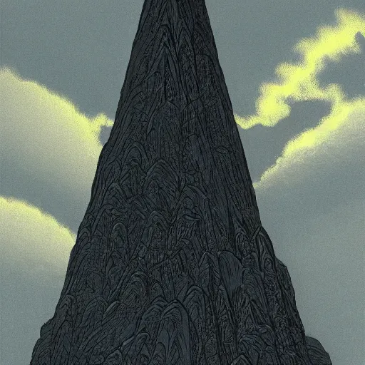 Prompt: dark obelisk on a beautiful valley at the dawn, intricate patterns, painted by Moebius and Tsutomu Nihei