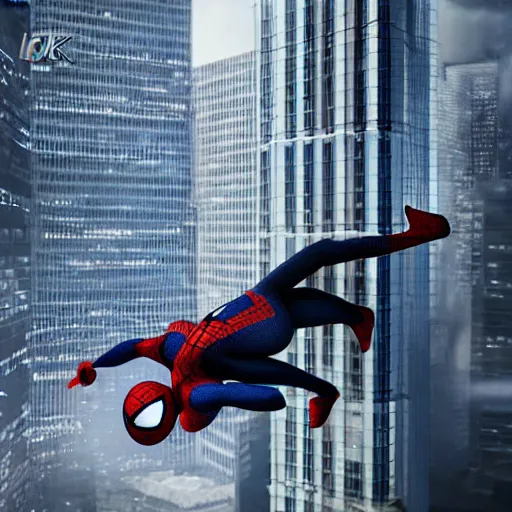 Image similar to black suit spider - man eyes blue hanging in tall tower at night rain ultra realistic octane render blender high quality 8 k photo realistic highly detailed