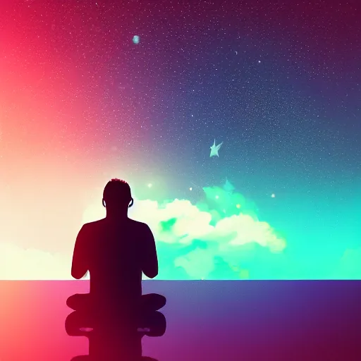 Image similar to a calm man sitting in space listening to music, synthwave, retro, acrylic art blurry background, depth of field,