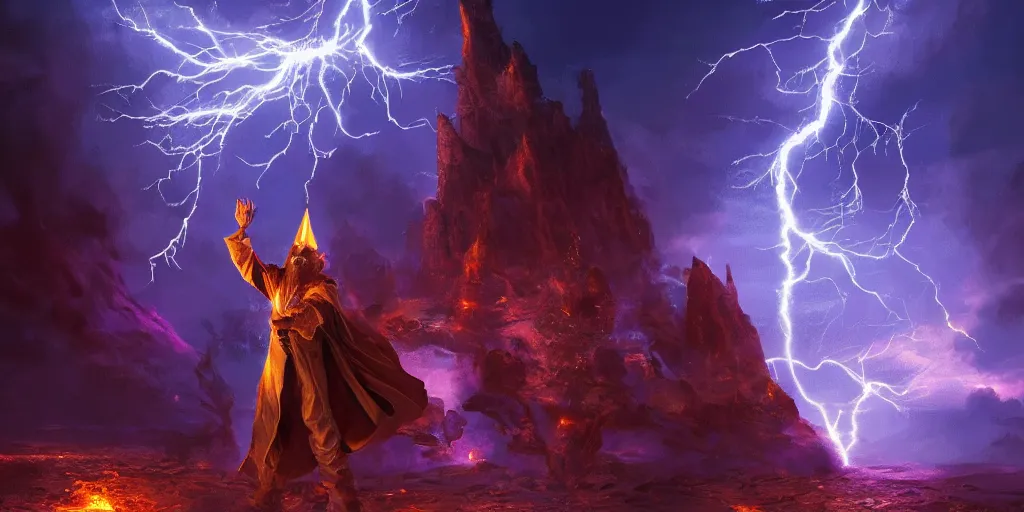 Prompt: wizard in front of magical explosion, lightning, fantasy, concept art, 8 k