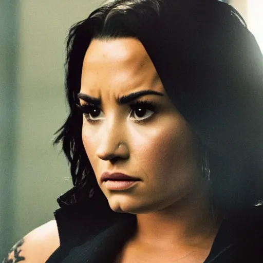 Image similar to close-up of Demi Lovato as a detective in a movie directed by Christopher Nolan, movie still frame, promotional image, imax 70 mm footage