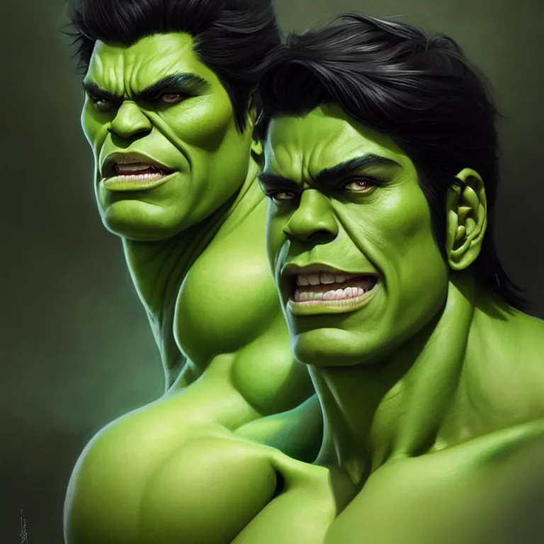 Image similar to portrait of gender neutral hulk, black hair, green eyes, elegant, real life skin, intricate artwork, high detailed, artstation, concept art, smooth, sharp focus, art by artgerm and greg rutkowski @ ruprechy